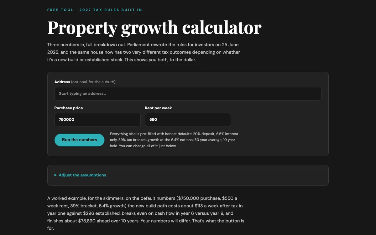 Screenshot of the growth calculator entry form with address, price and rent fields