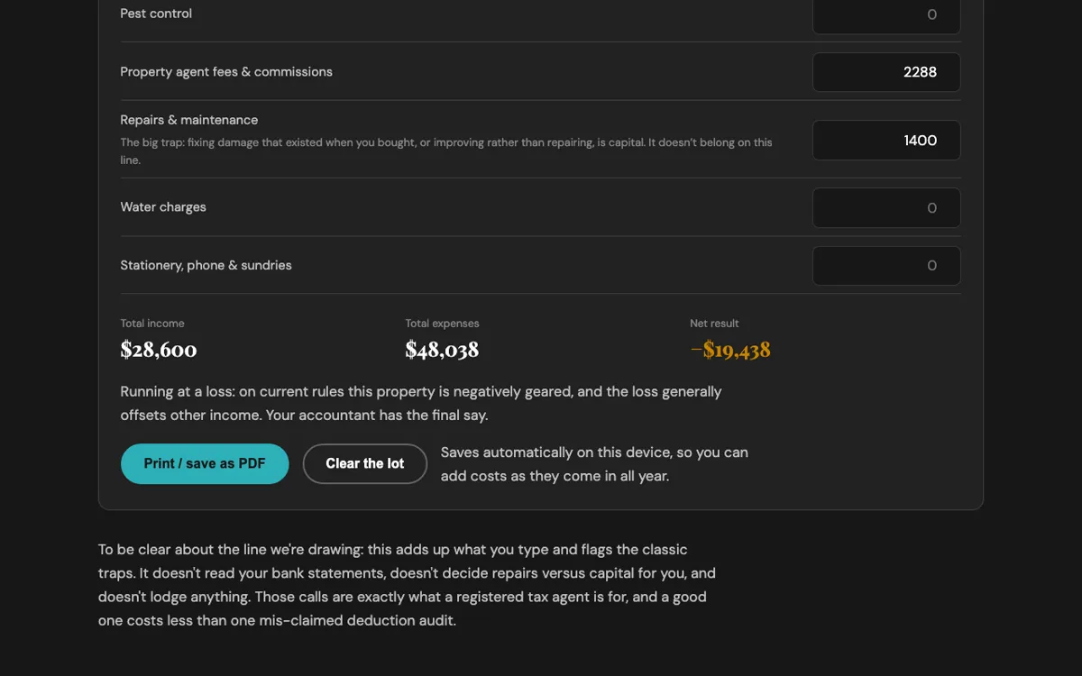 Screenshot of the rental property tax time organiser worksheet